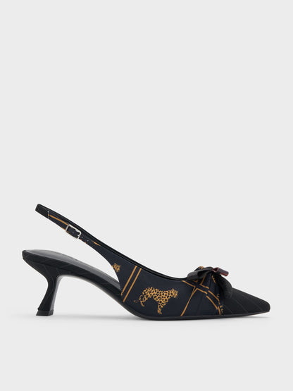 Satin Printed-Bow Pointed Slingback Pumps - Black Textured | CHARLES & KEITH