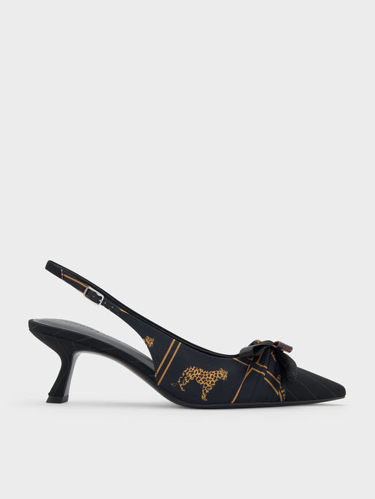 Satin Printed-Bow Pointed Slingback Pumps - Black Textured | CHARLES & KEITH