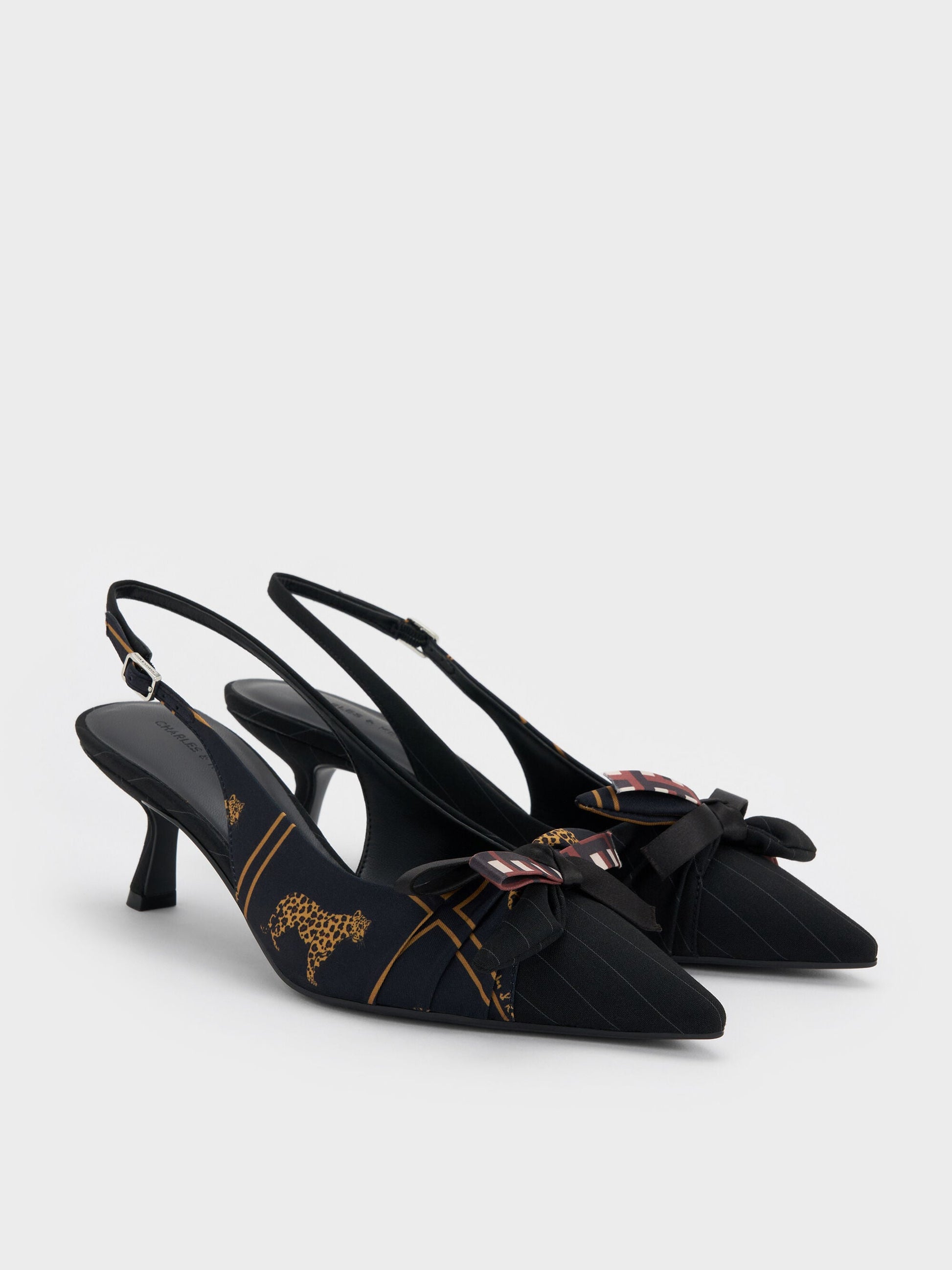Satin Printed-Bow Pointed Slingback Pumps - Black Textured | CHARLES & KEITH