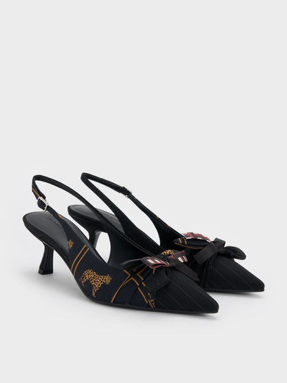 Satin Printed-Bow Pointed Slingback Pumps - Black Textured | CHARLES & KEITH