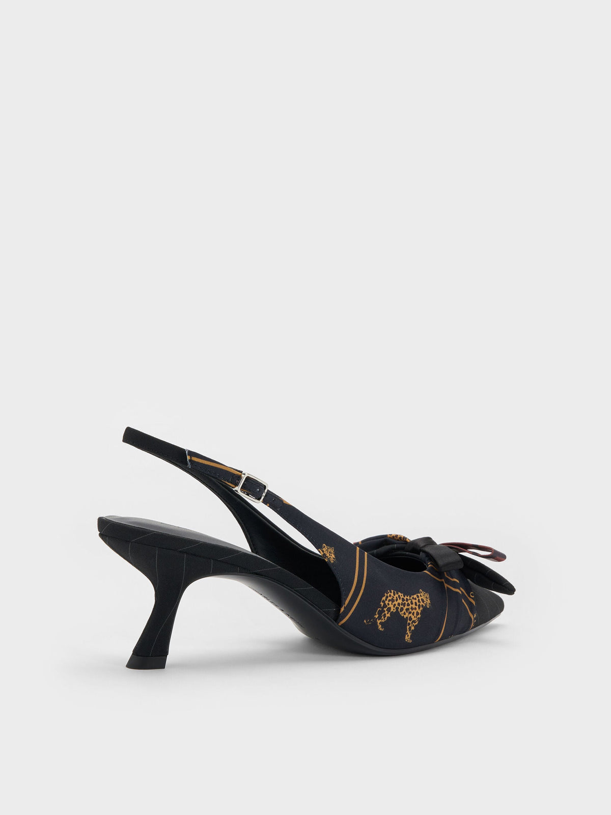Satin Printed-Bow Pointed Slingback Pumps - Black Textured | CHARLES & KEITH
