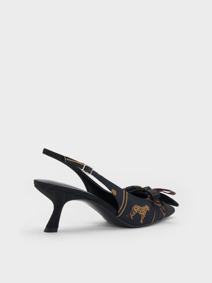 Satin Printed-Bow Pointed Slingback Pumps - Black Textured | CHARLES & KEITH