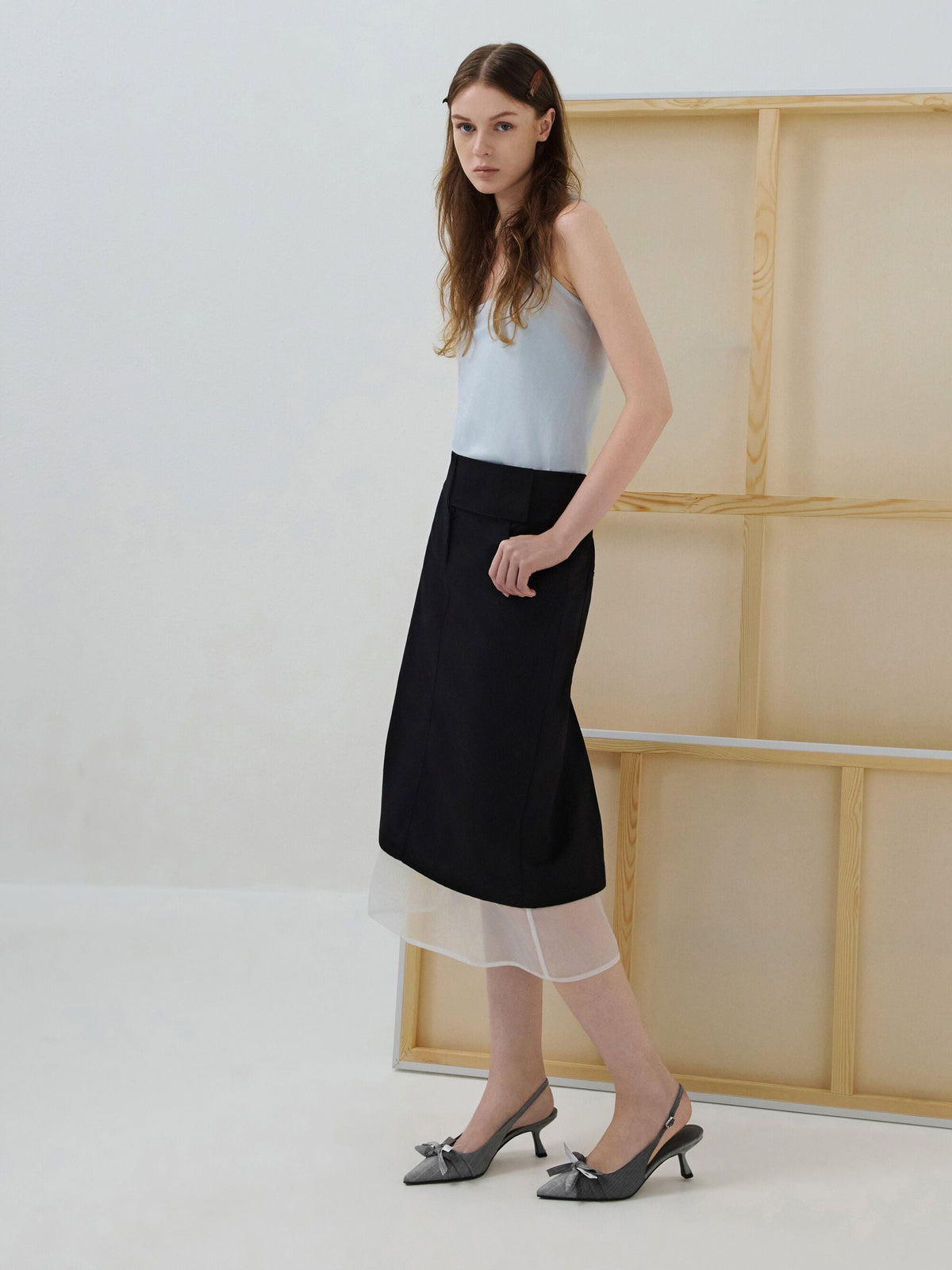 Satin Printed-Bow Pointed Slingback Pumps - Black Textured | CHARLES & KEITH