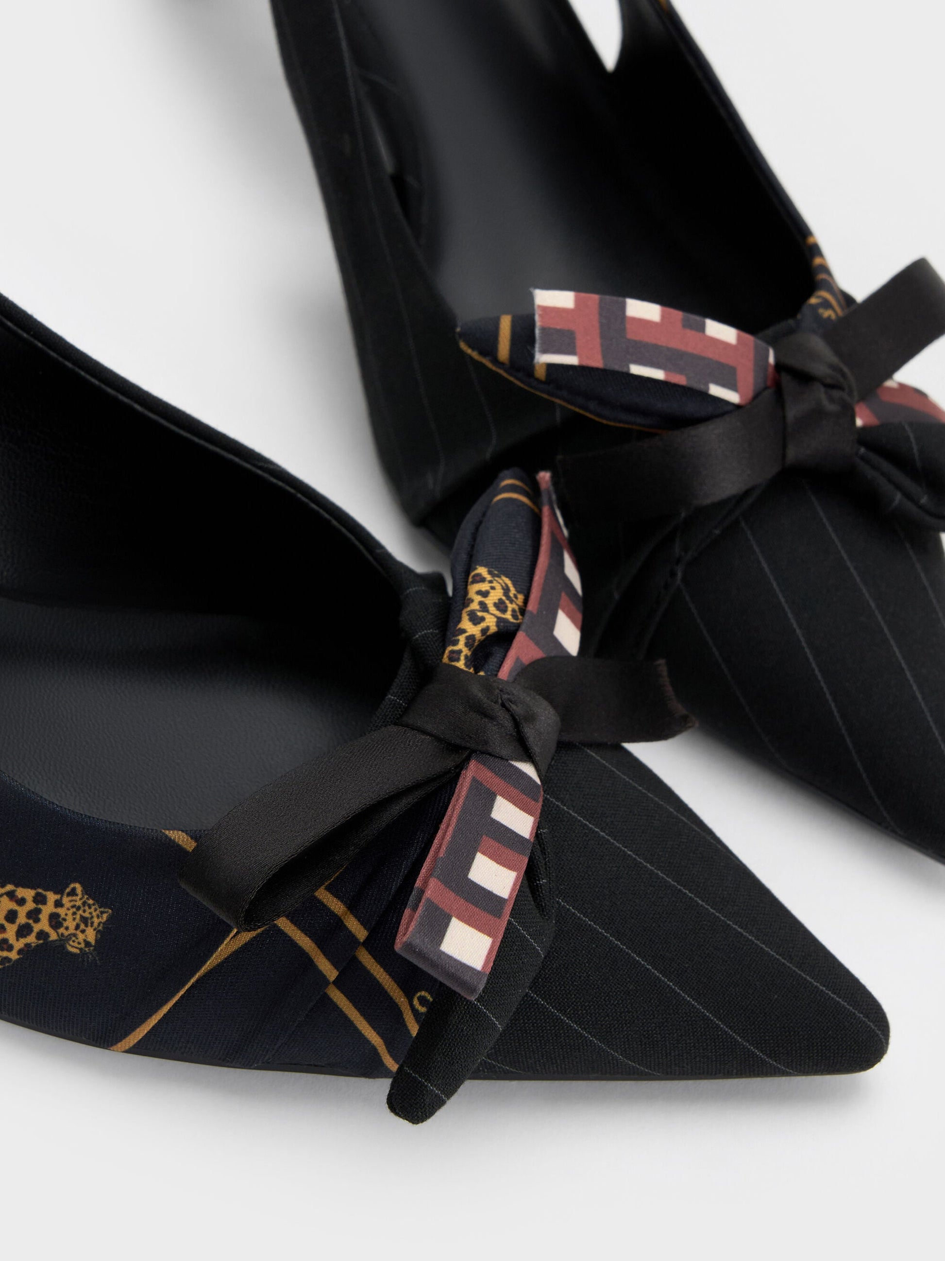 Satin Printed-Bow Pointed Slingback Pumps - Black Textured | CHARLES & KEITH