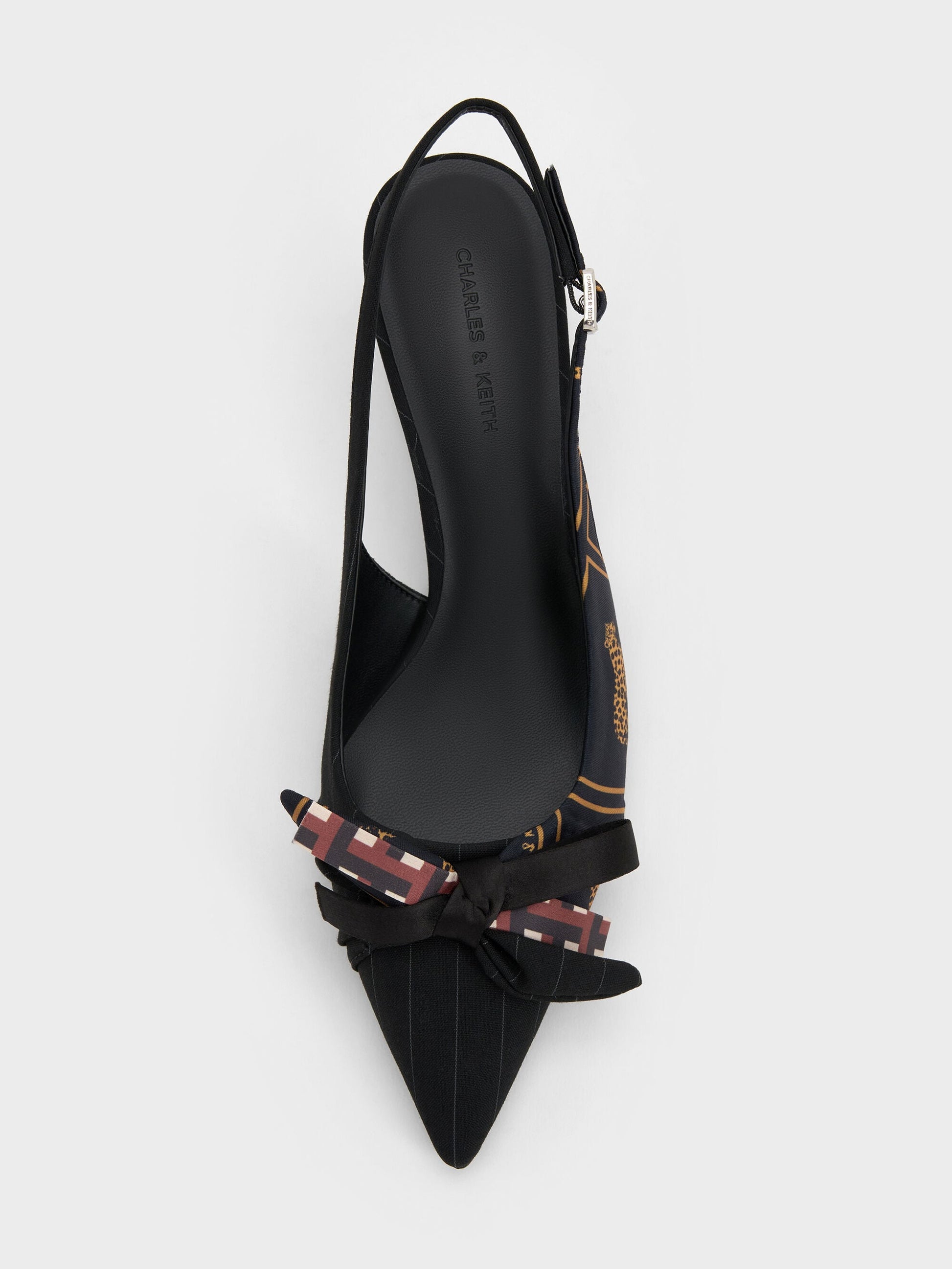 Satin Printed-Bow Pointed Slingback Pumps - Black Textured | CHARLES & KEITH