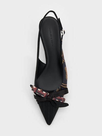 Satin Printed-Bow Pointed Slingback Pumps - Black Textured | CHARLES & KEITH