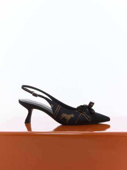 Satin Printed-Bow Pointed Slingback Pumps - Black Textured | CHARLES & KEITH