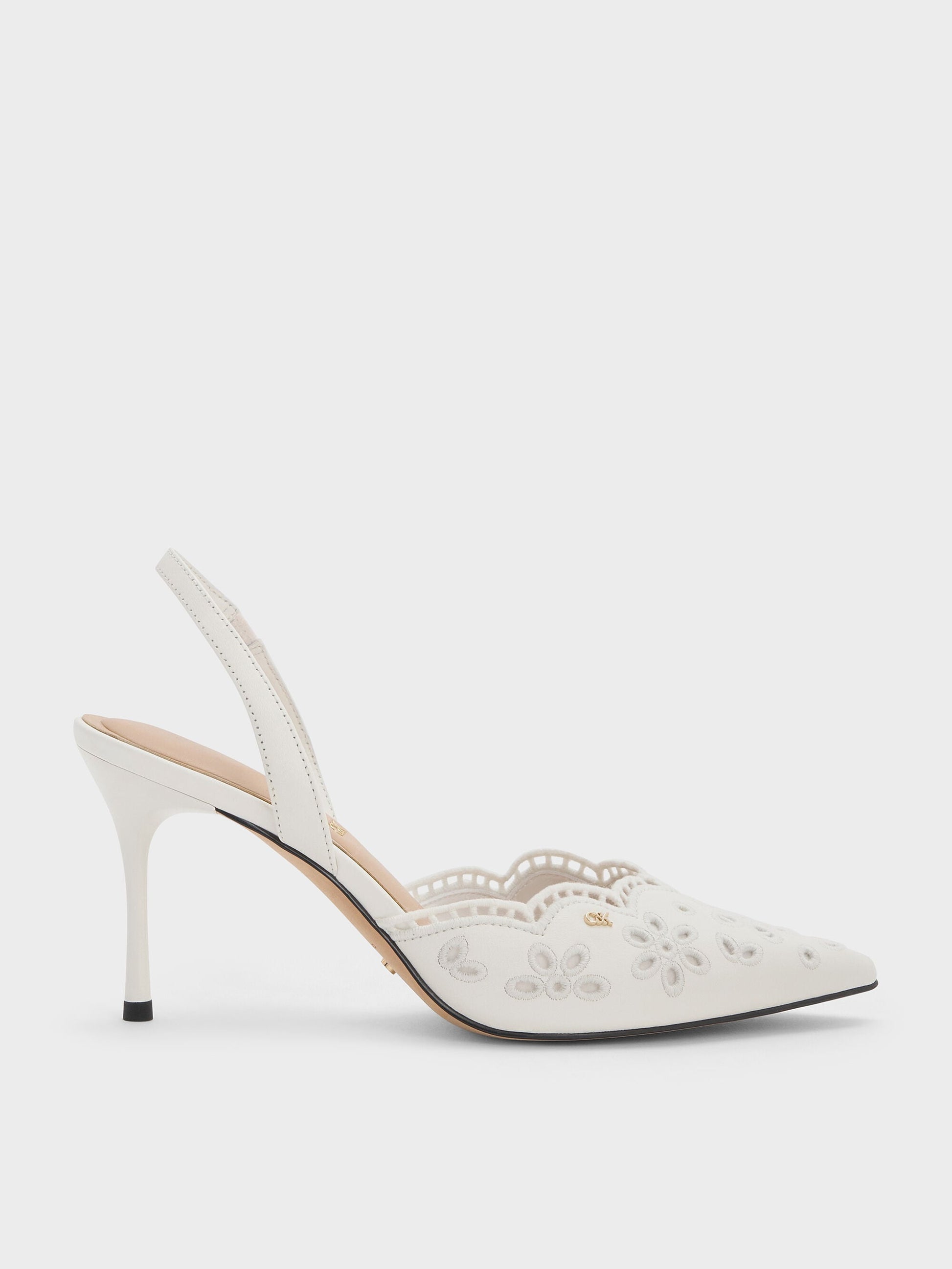 Leather Embroidered Pointed Slingback Pumps - White | CHARLES & KEITH