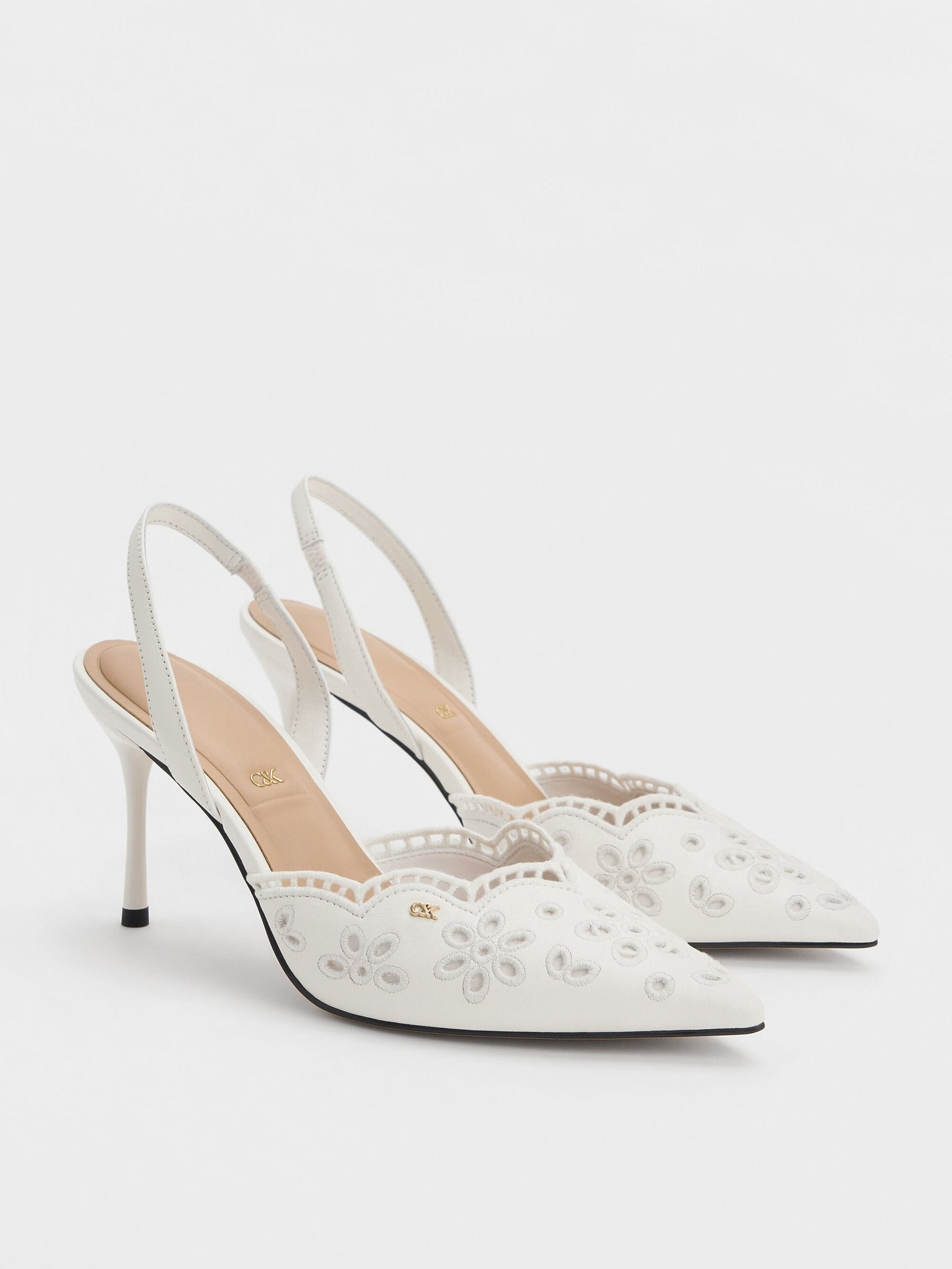 Leather Embroidered Pointed Slingback Pumps - White | CHARLES & KEITH
