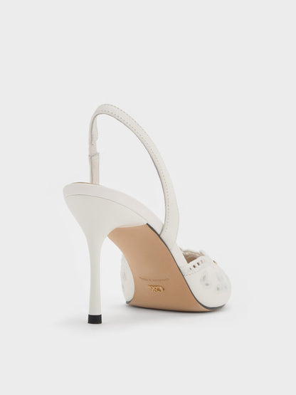 Leather Embroidered Pointed Slingback Pumps - White | CHARLES & KEITH