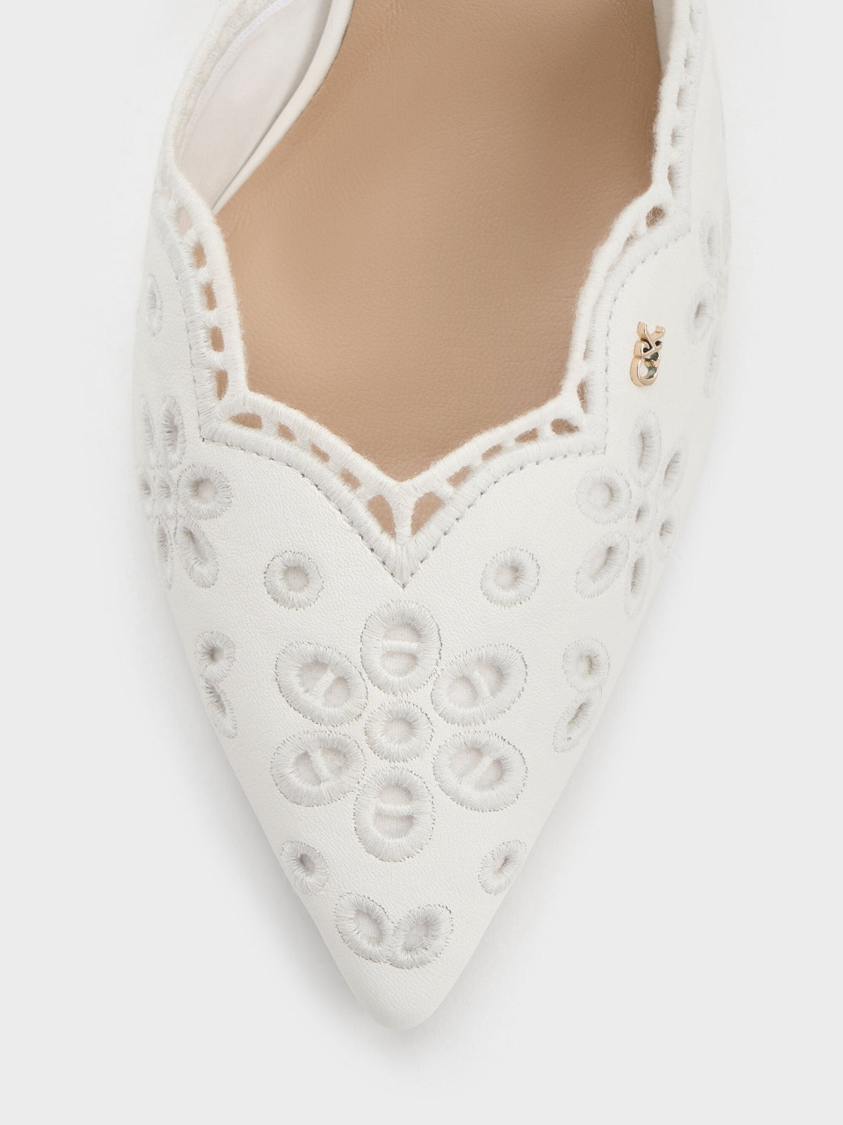 Leather Embroidered Pointed Slingback Pumps - White | CHARLES & KEITH