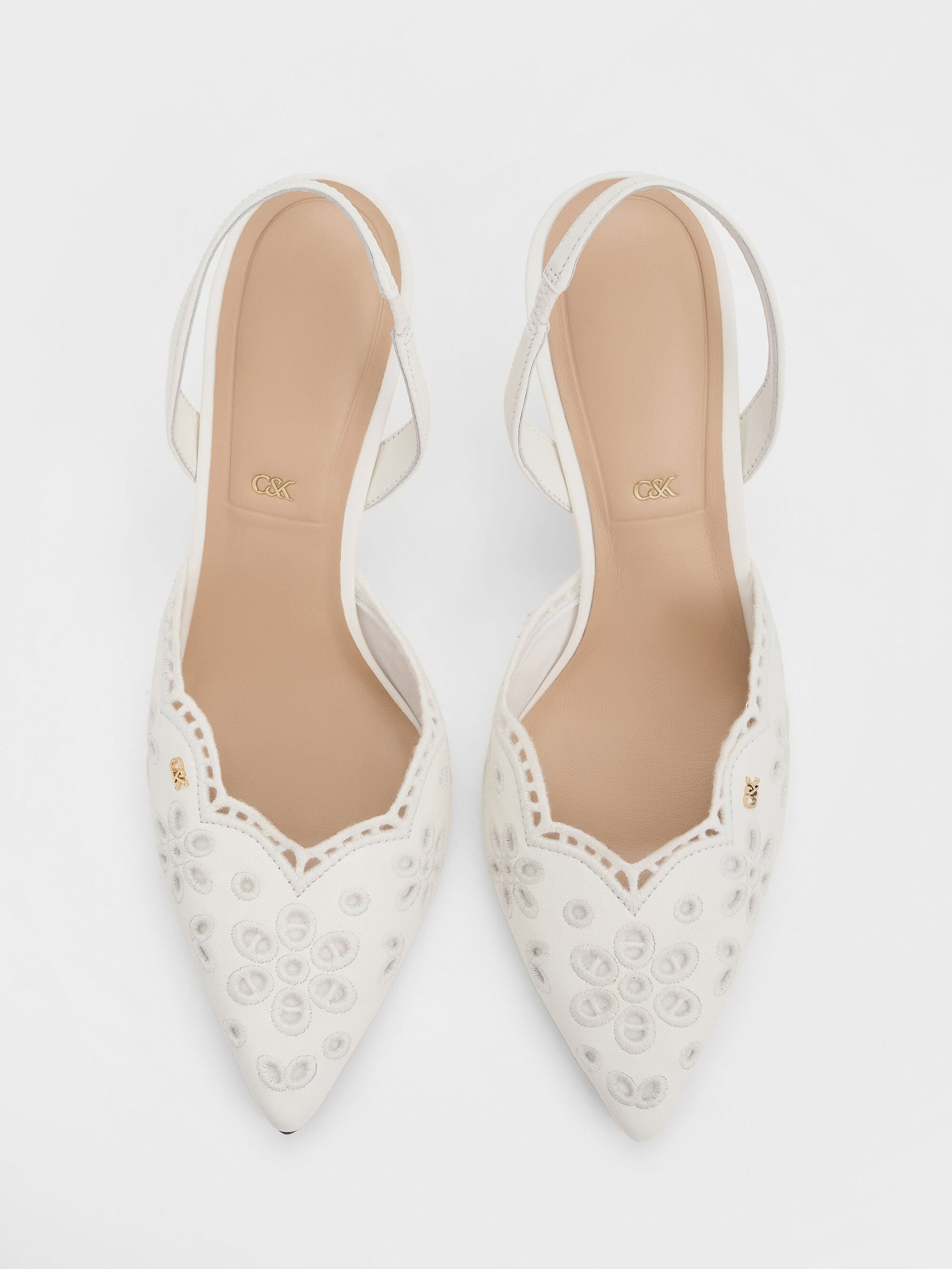 Leather Embroidered Pointed Slingback Pumps - White | CHARLES & KEITH