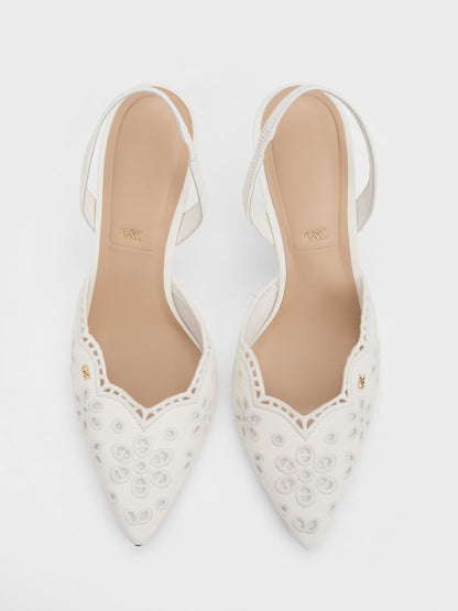 Leather Embroidered Pointed Slingback Pumps - White | CHARLES & KEITH