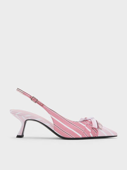 Striped Knot-Bow Pointed Slingback Pumps - Light Pink | CHARLES & KEITH