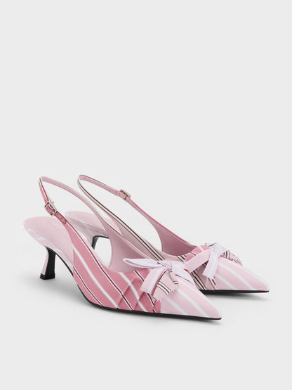 Striped Knot-Bow Pointed Slingback Pumps - Light Pink | CHARLES & KEITH