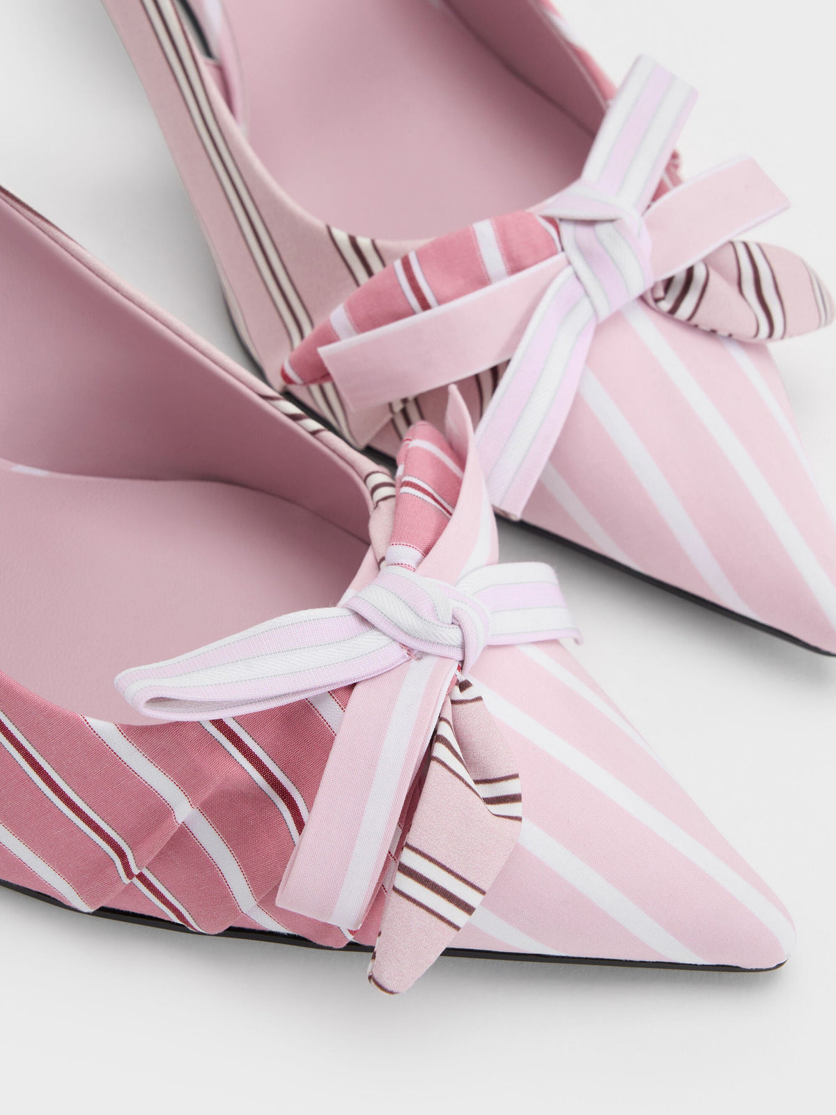 Striped Knot-Bow Pointed Slingback Pumps - Light Pink | CHARLES & KEITH