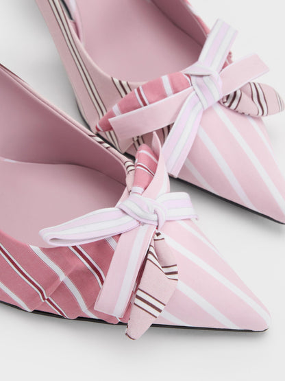 Striped Knot-Bow Pointed Slingback Pumps - Light Pink | CHARLES & KEITH