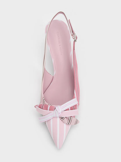 Striped Knot-Bow Pointed Slingback Pumps - Light Pink | CHARLES & KEITH
