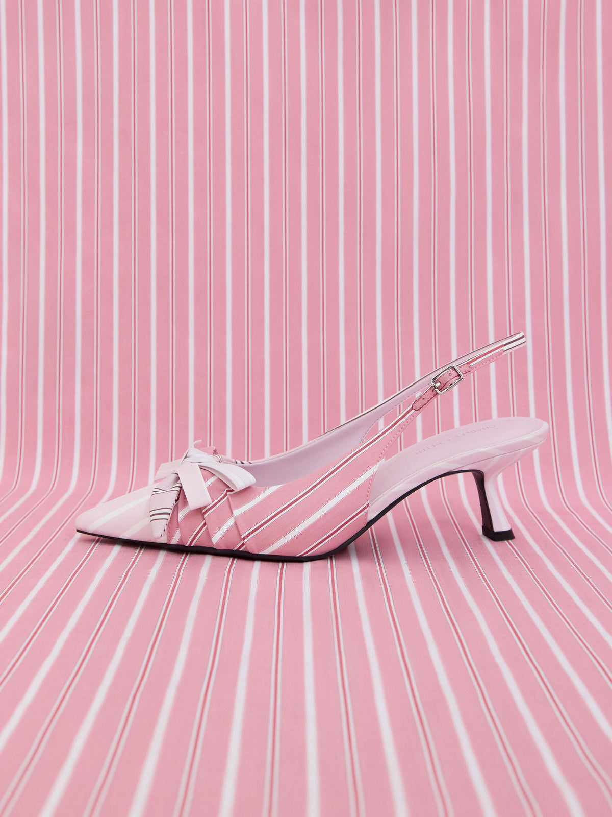 Striped Knot-Bow Pointed Slingback Pumps - Light Pink | CHARLES & KEITH