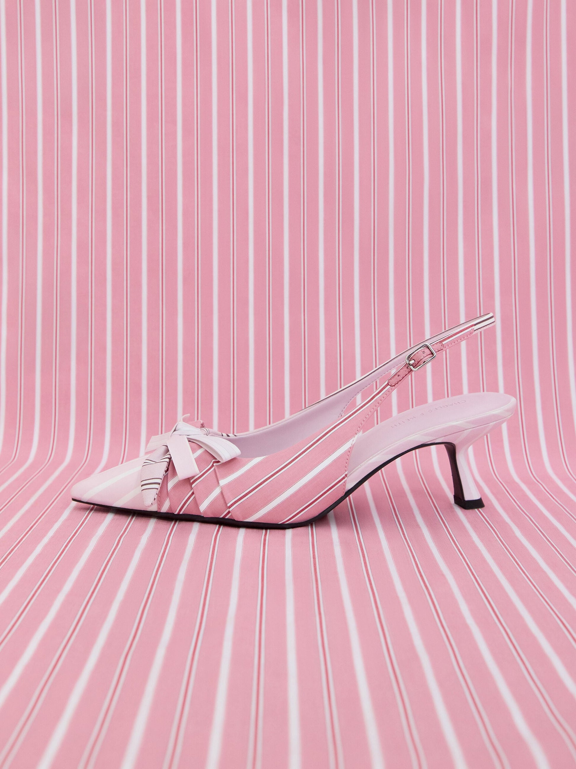 Striped Knot-Bow Pointed Slingback Pumps - Light Pink | CHARLES & KEITH