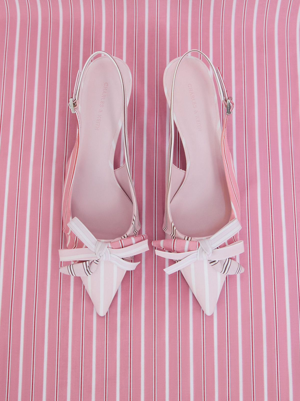 Striped Knot-Bow Pointed Slingback Pumps - Light Pink | CHARLES & KEITH