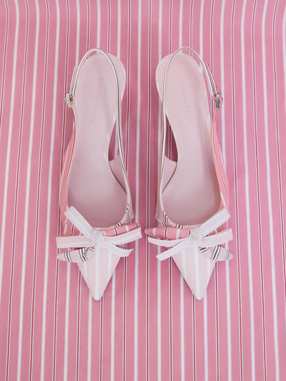 Striped Knot-Bow Pointed Slingback Pumps - Light Pink | CHARLES & KEITH
