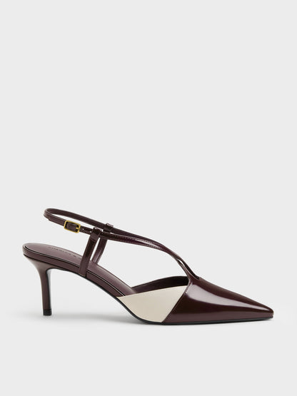 Two-Tone Pointed Slingback Pumps - Burgundy | CHARLES & KEITH