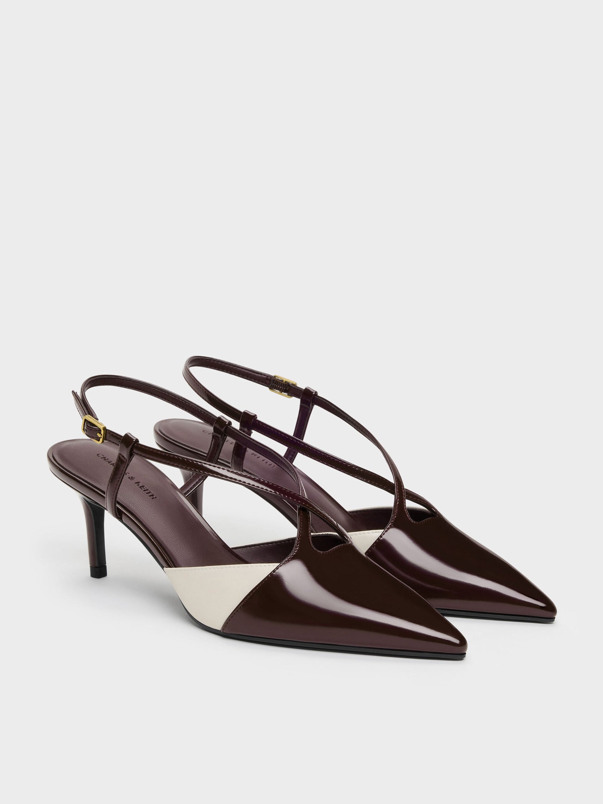 Two-Tone Pointed Slingback Pumps - Burgundy | CHARLES & KEITH