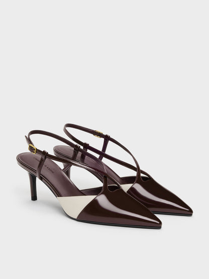 Two-Tone Pointed Slingback Pumps - Burgundy | CHARLES & KEITH