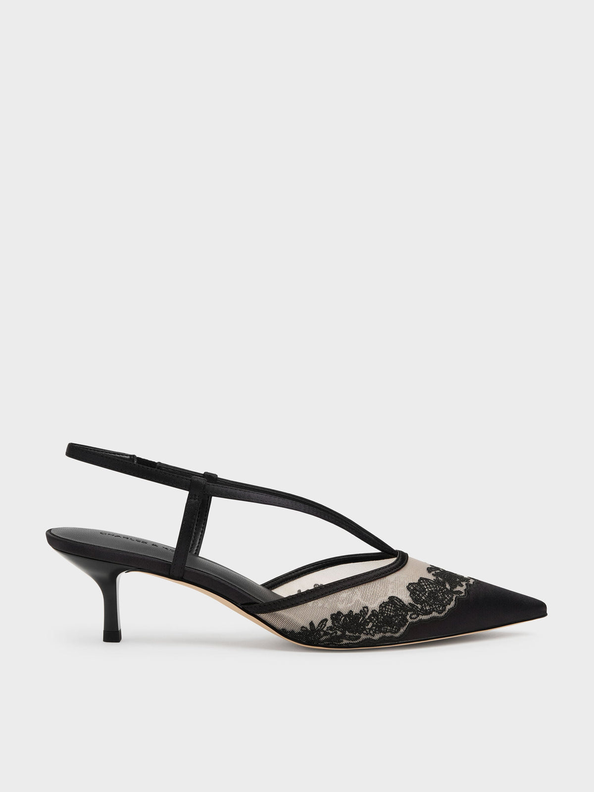 Satin Embroidered-Mesh Slingback Kitten Heels - Black Textured | CHARLES & KEITH
