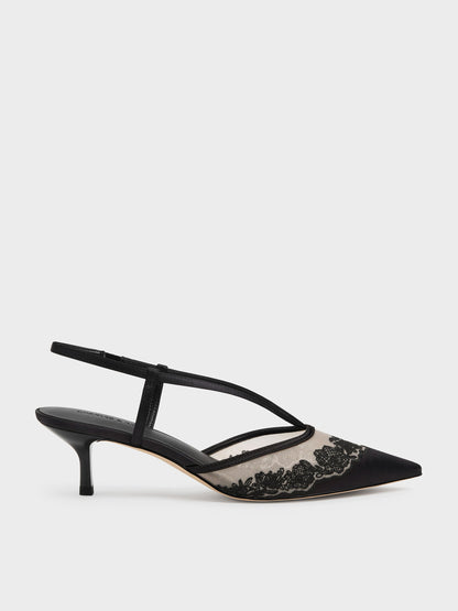 Satin Embroidered-Mesh Slingback Kitten Heels - Black Textured | CHARLES & KEITH