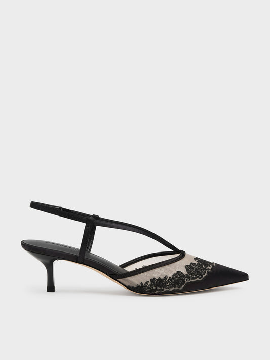 Satin Embroidered-Mesh Slingback Kitten Heels - Black Textured | CHARLES & KEITH