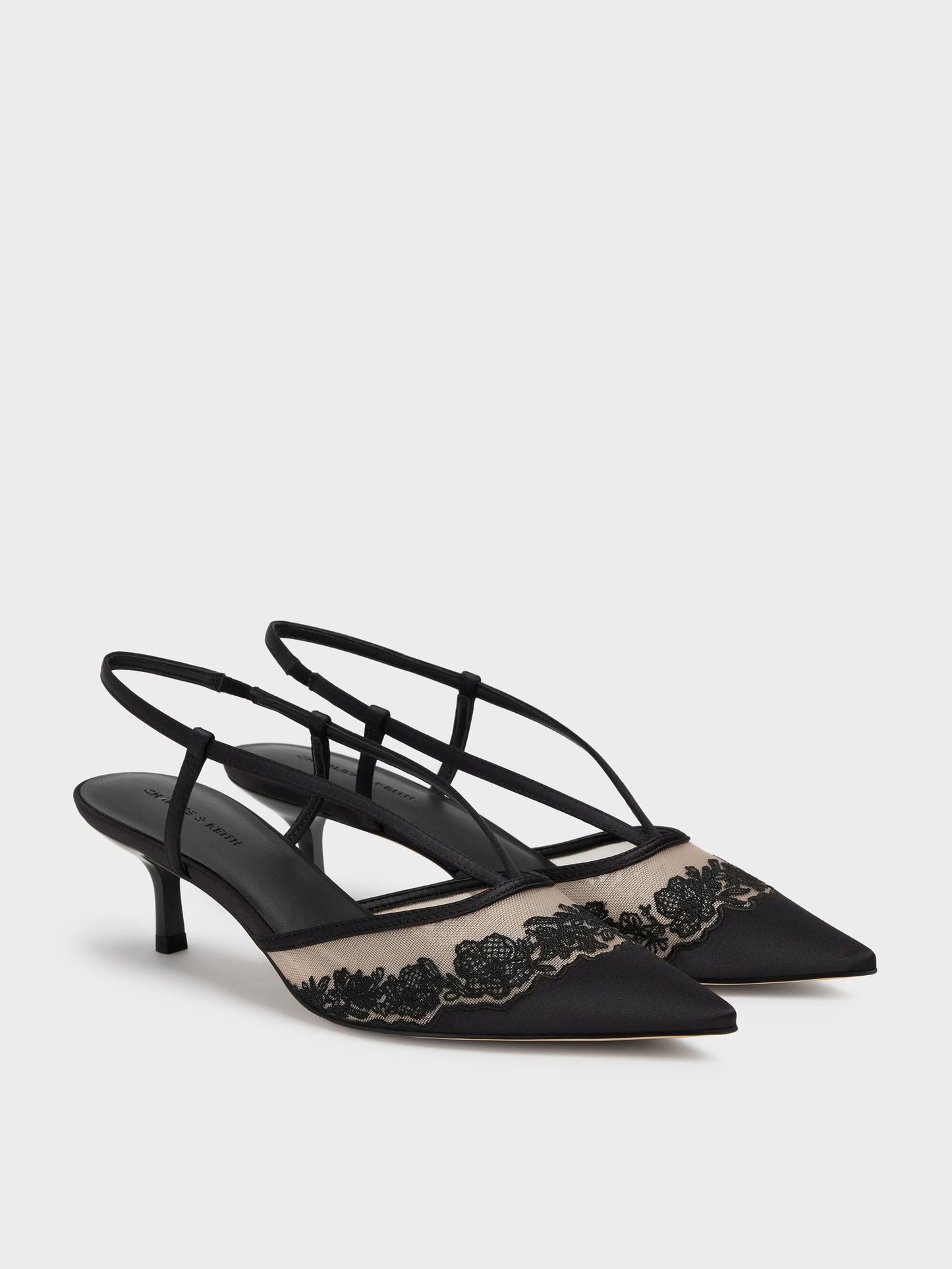 Satin Embroidered-Mesh Slingback Kitten Heels - Black Textured | CHARLES & KEITH