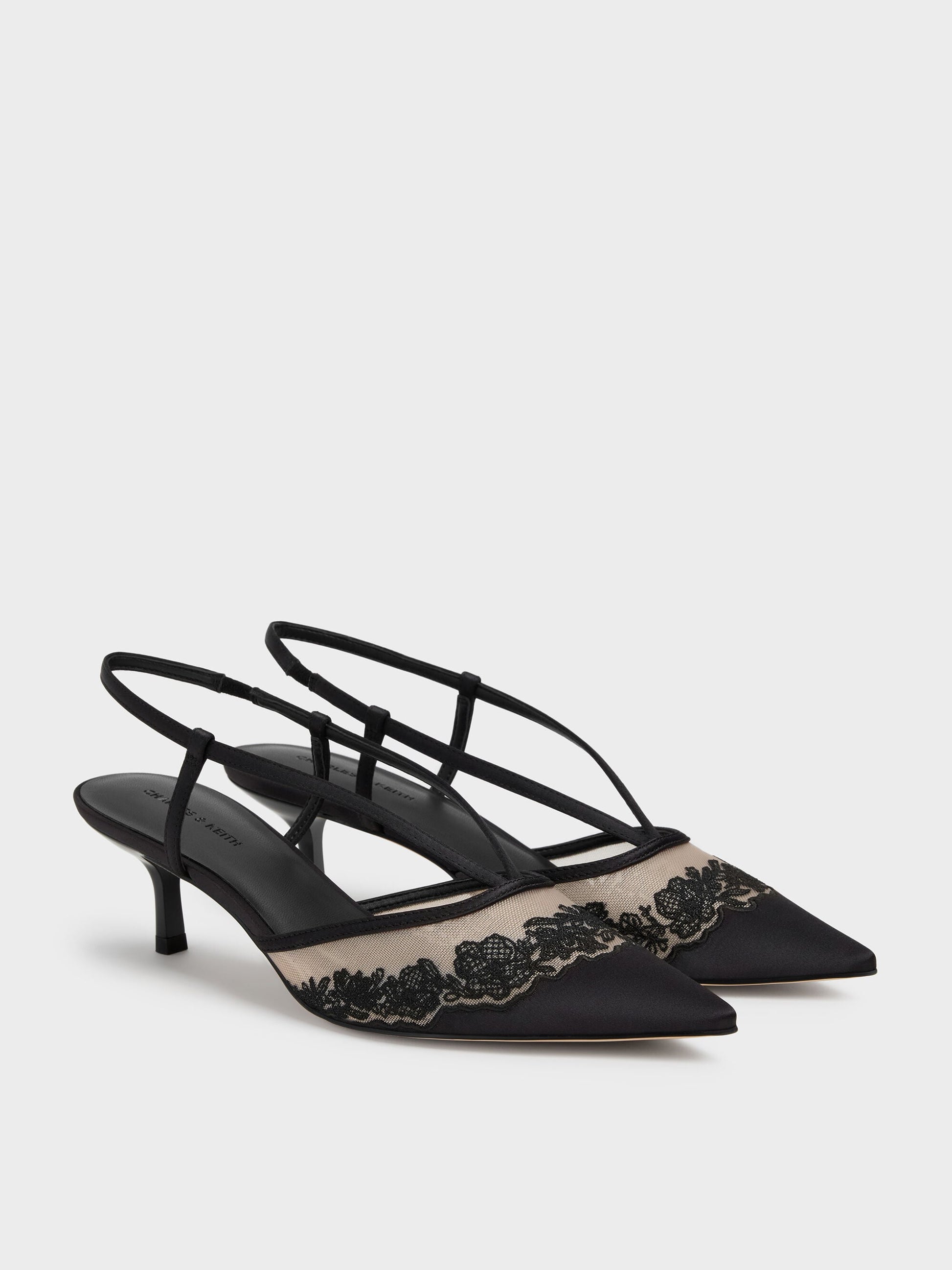 Satin Embroidered-Mesh Slingback Kitten Heels - Black Textured | CHARLES & KEITH