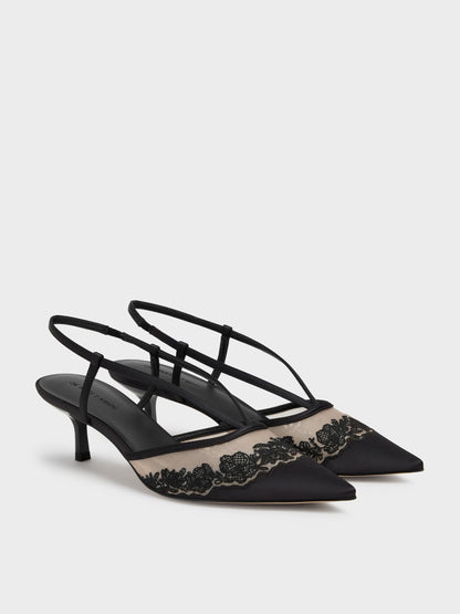 Satin Embroidered-Mesh Slingback Kitten Heels - Black Textured | CHARLES & KEITH