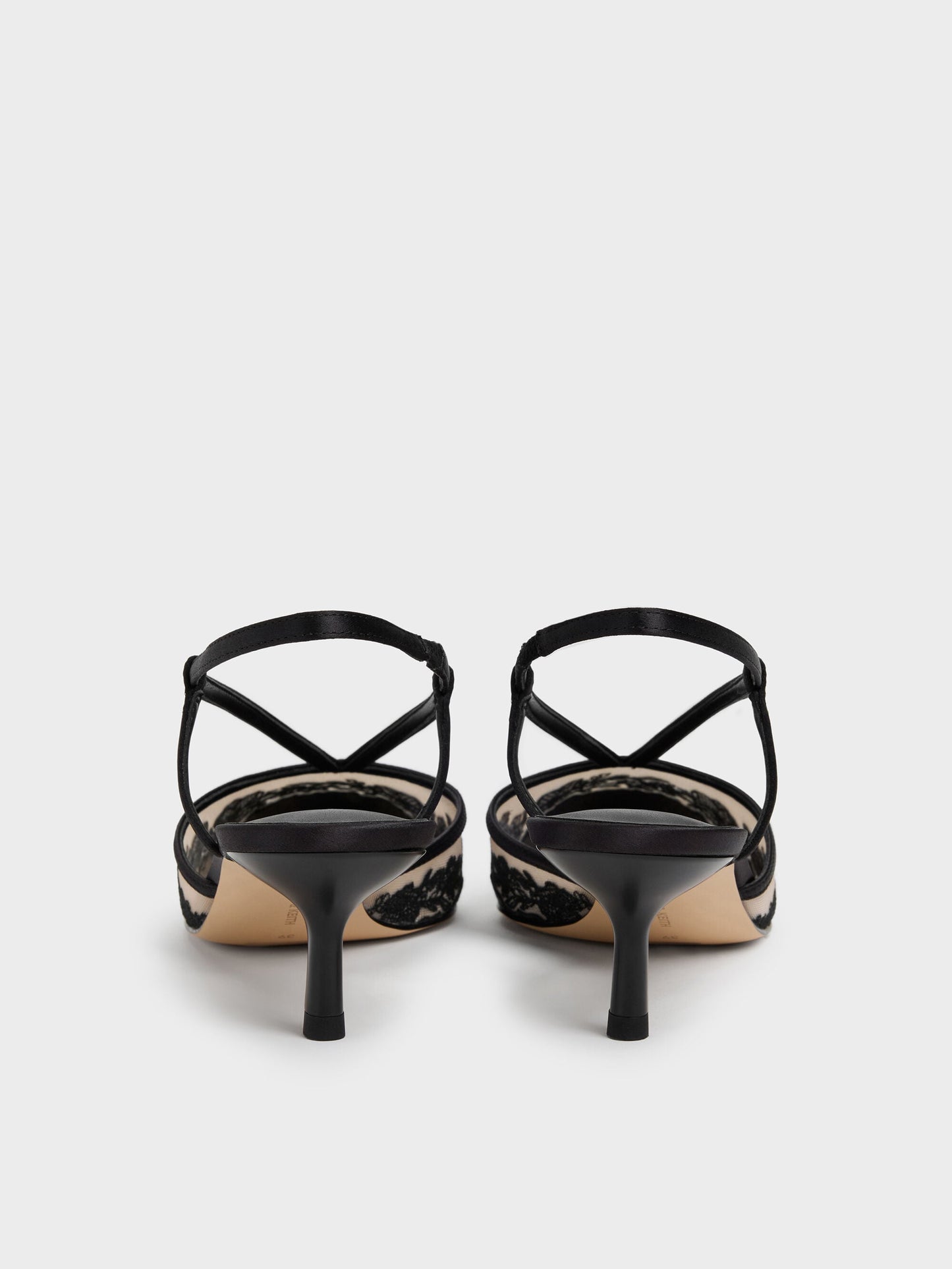 Satin Embroidered-Mesh Slingback Kitten Heels - Black Textured | CHARLES & KEITH