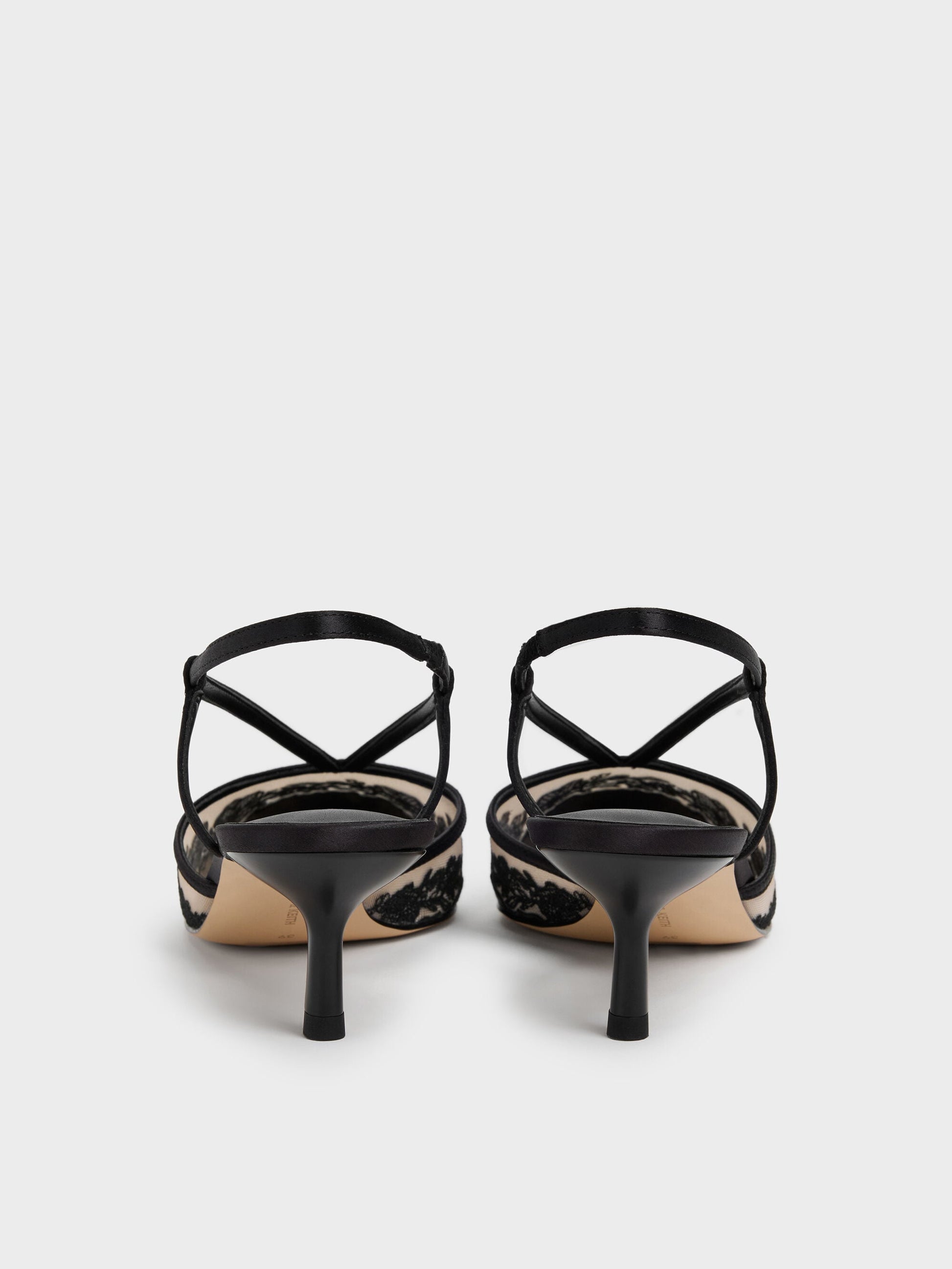 Satin Embroidered-Mesh Slingback Kitten Heels - Black Textured | CHARLES & KEITH