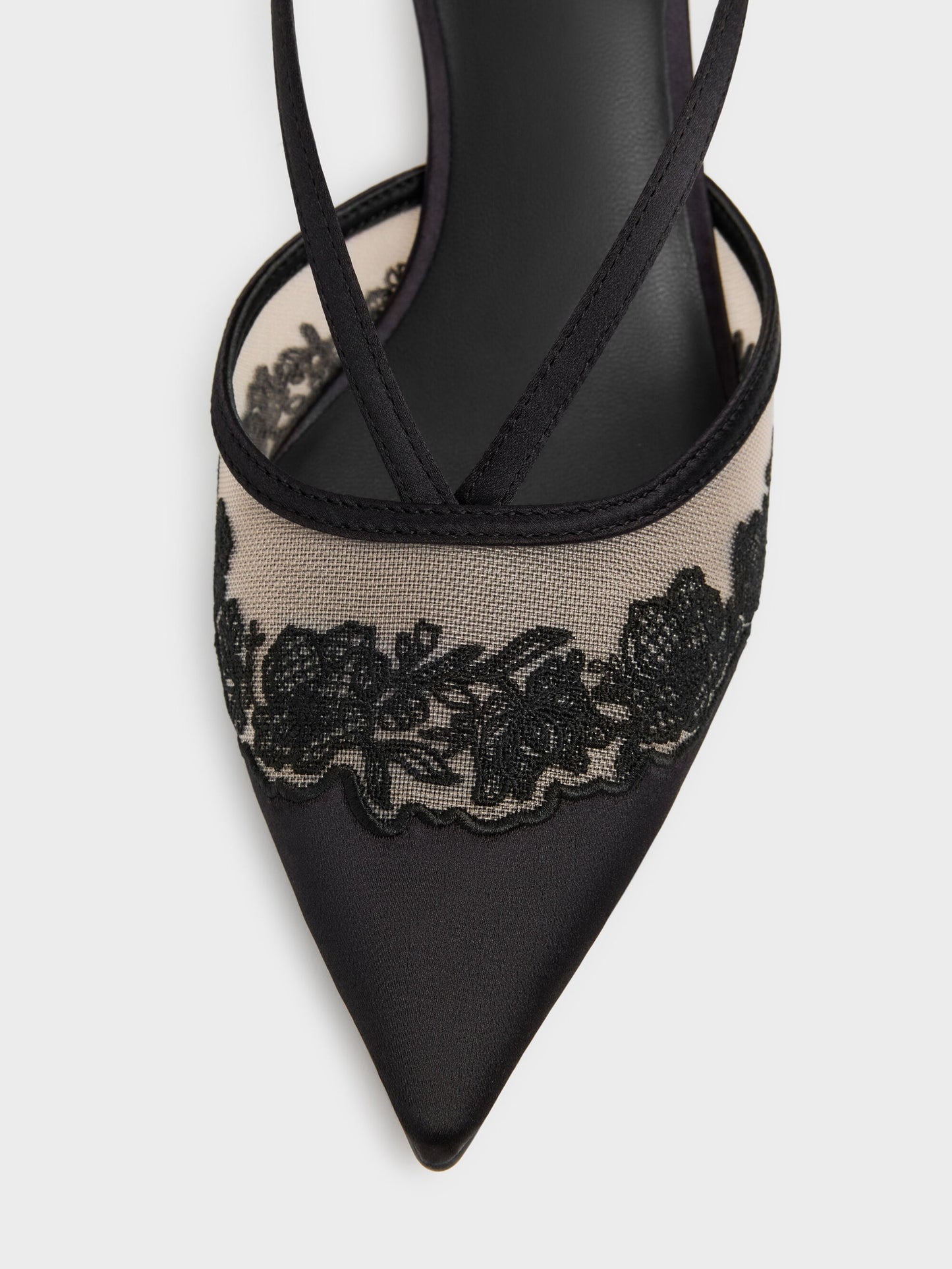 Satin Embroidered-Mesh Slingback Kitten Heels - Black Textured | CHARLES & KEITH