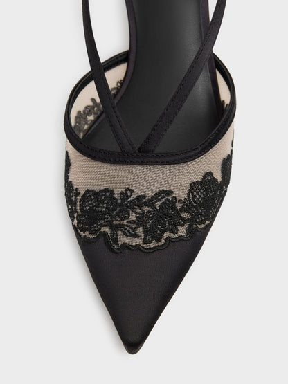 Satin Embroidered-Mesh Slingback Kitten Heels - Black Textured | CHARLES & KEITH