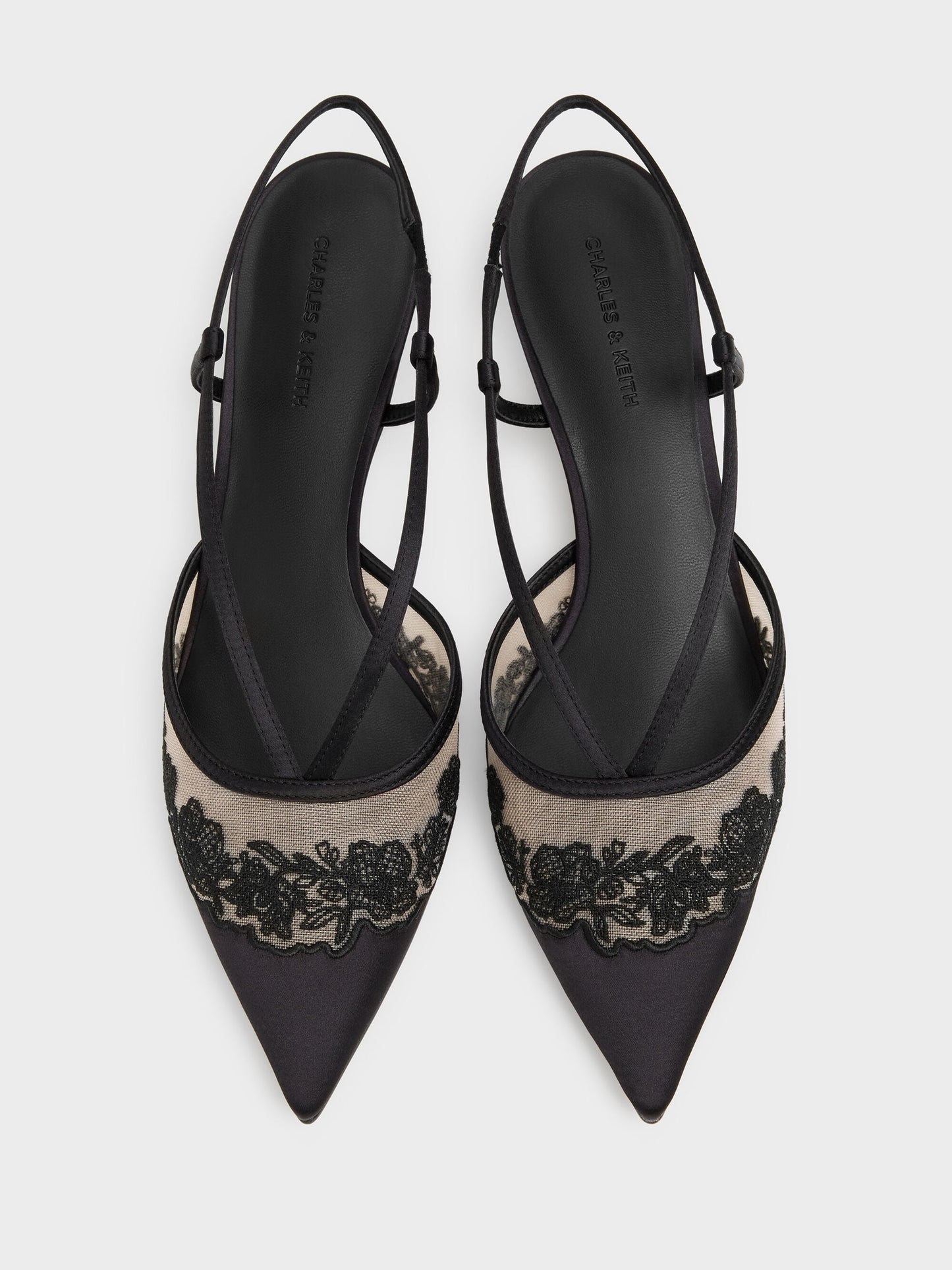 Satin Embroidered-Mesh Slingback Kitten Heels - Black Textured | CHARLES & KEITH
