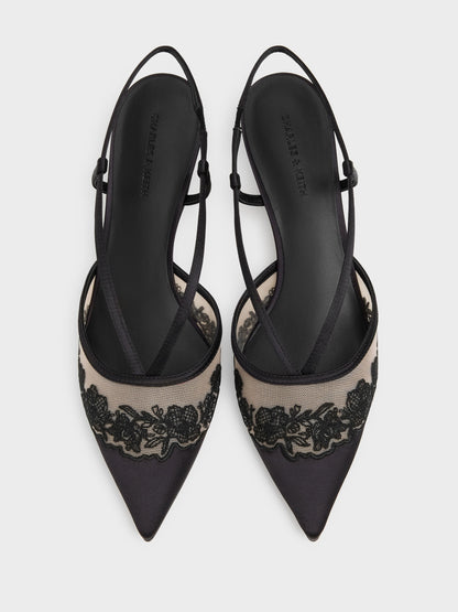 Satin Embroidered-Mesh Slingback Kitten Heels - Black Textured | CHARLES & KEITH