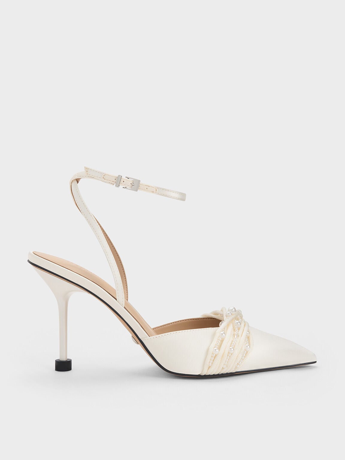 Leda Beaded Satin Ankle-Strap Pumps - White | CHARLES & KEITH