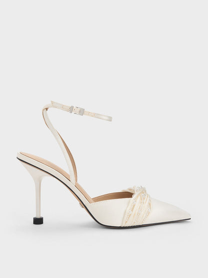 Leda Beaded Satin Ankle-Strap Pumps - White | CHARLES & KEITH