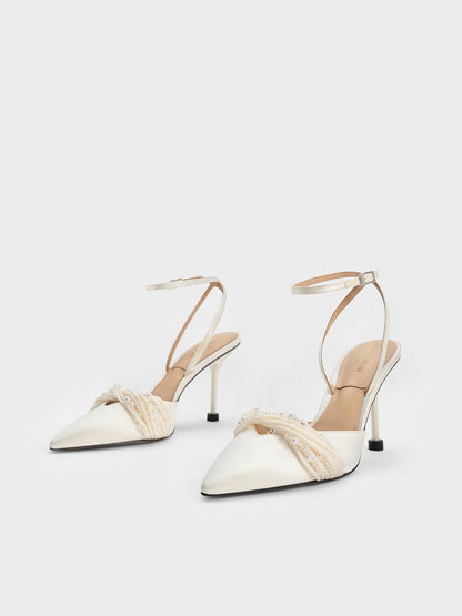 Leda Beaded Satin Ankle-Strap Pumps - White | CHARLES & KEITH