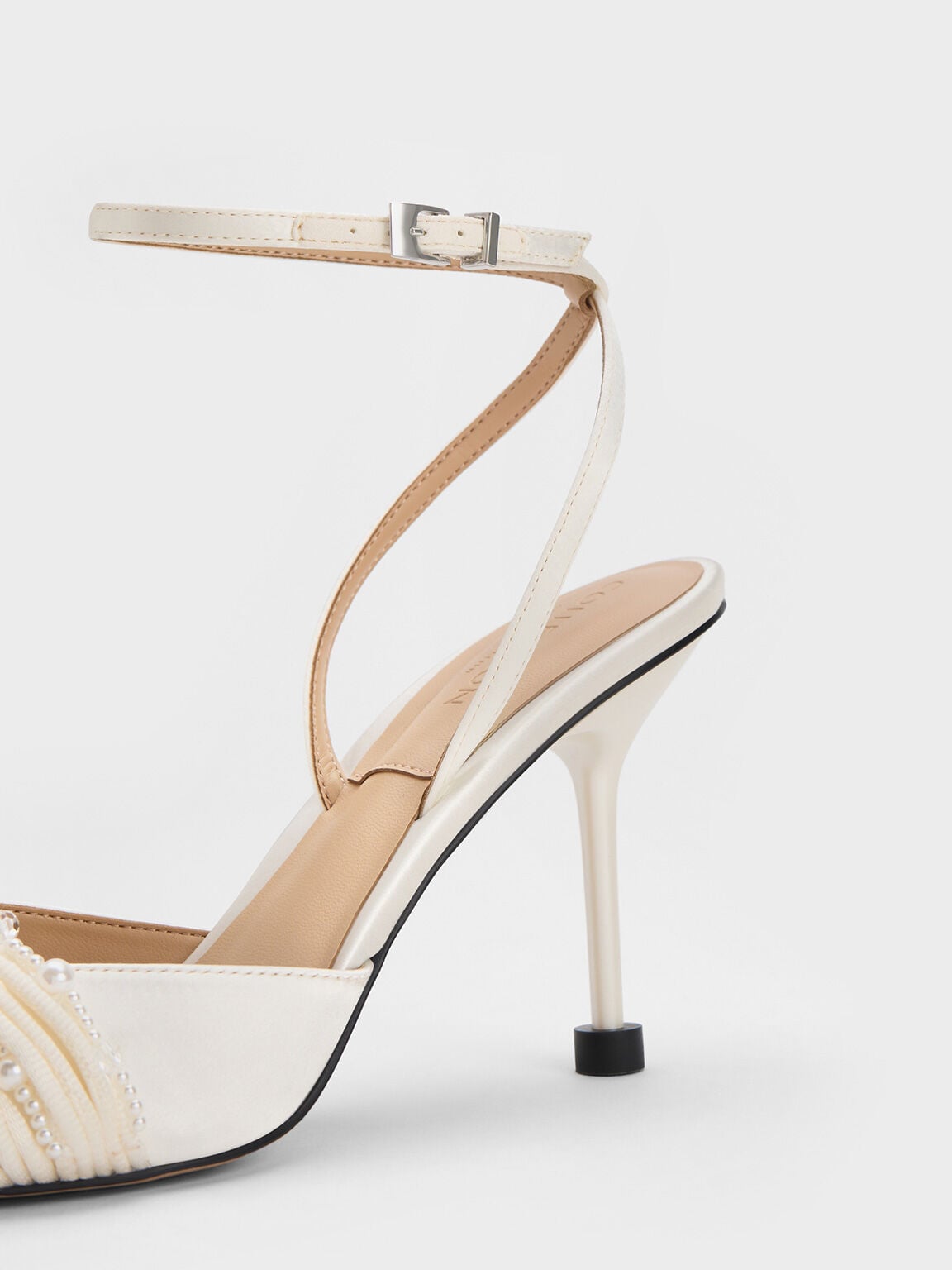 Leda Beaded Satin Ankle-Strap Pumps - White | CHARLES & KEITH