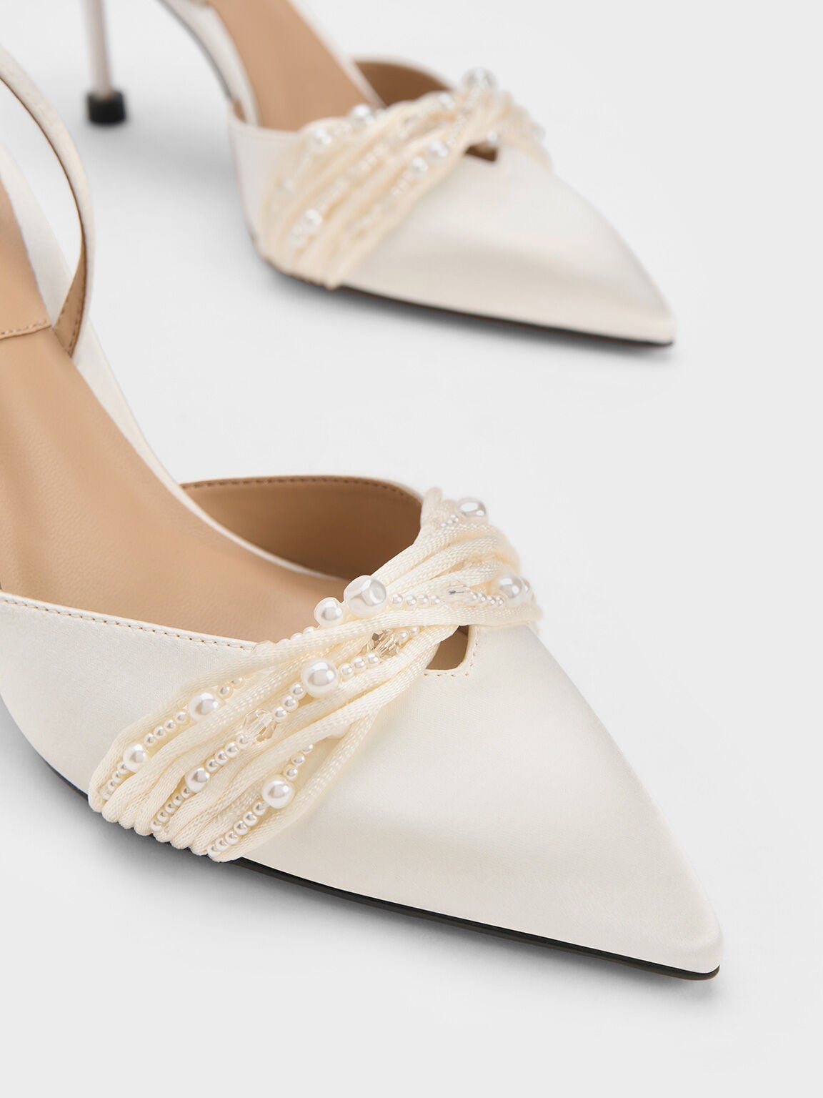 Leda Beaded Satin Ankle-Strap Pumps - White | CHARLES & KEITH