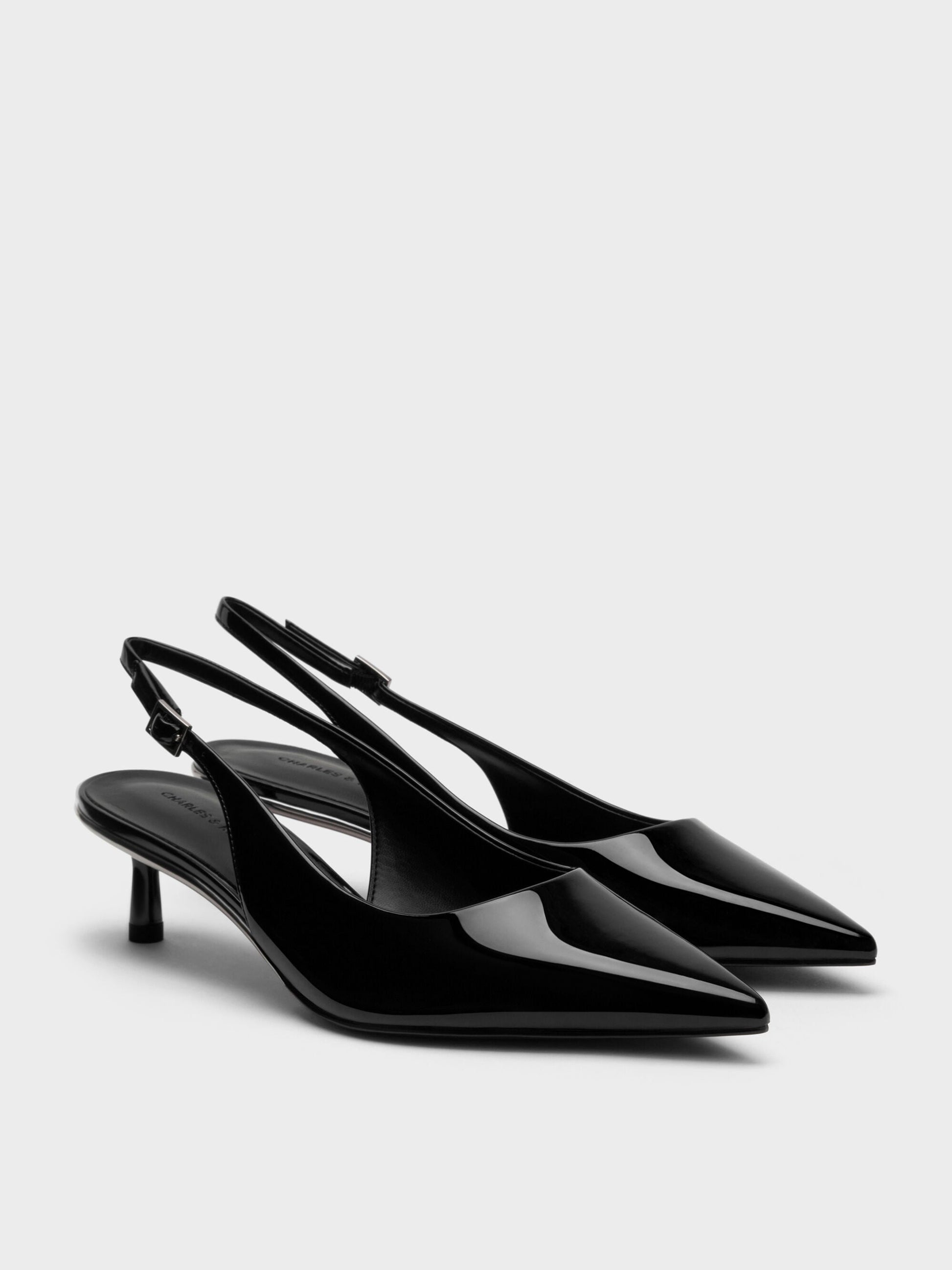 Curtis Patent Slingback Kitten Heels - Black Patent | CHARLES & KEITH