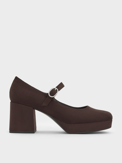 Faux Suede Platform Mary Jane Pumps - Dark Brown Textured | CHARLES & KEITH