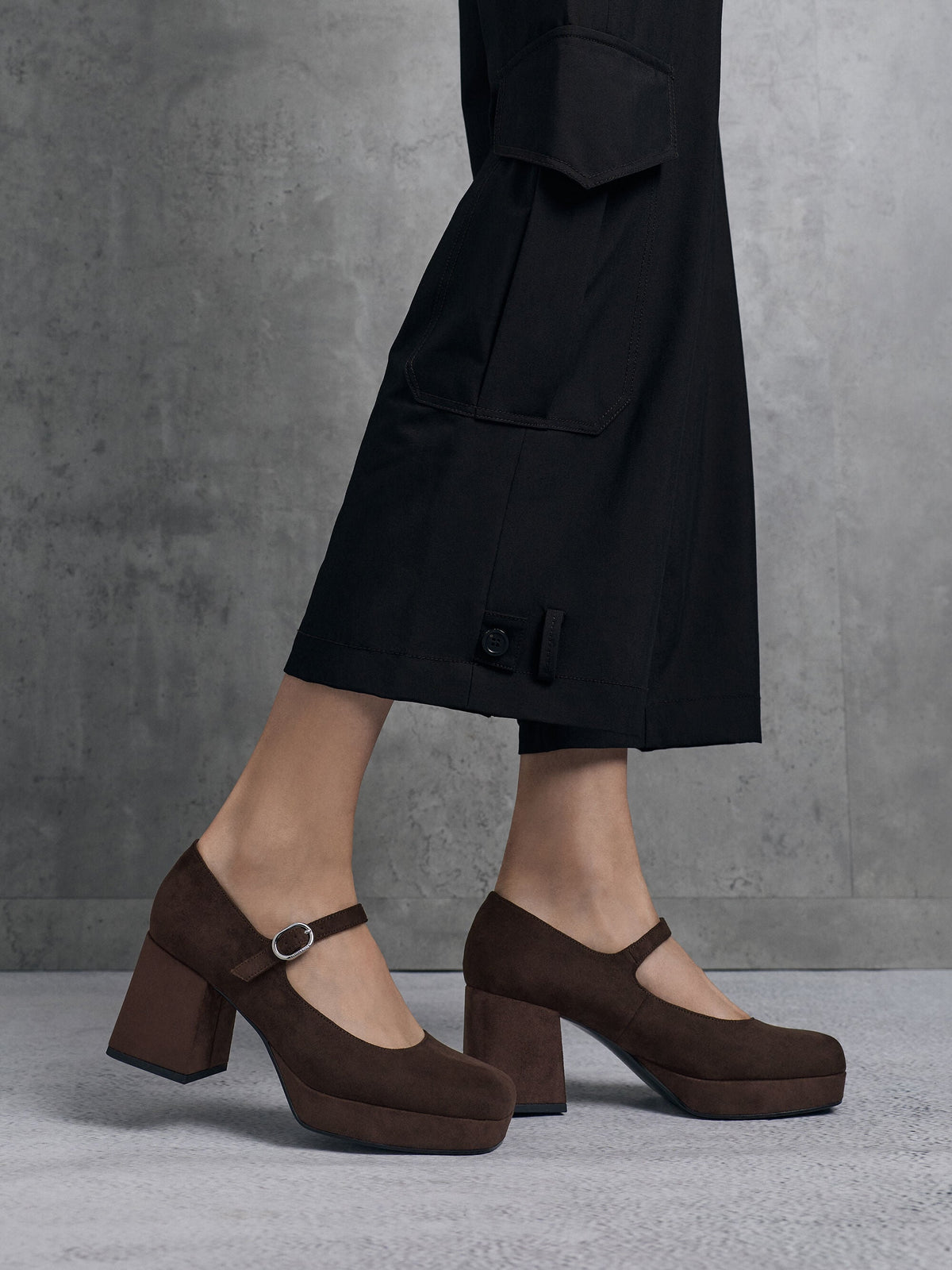Faux Suede Platform Mary Jane Pumps - Dark Brown Textured | CHARLES & KEITH
