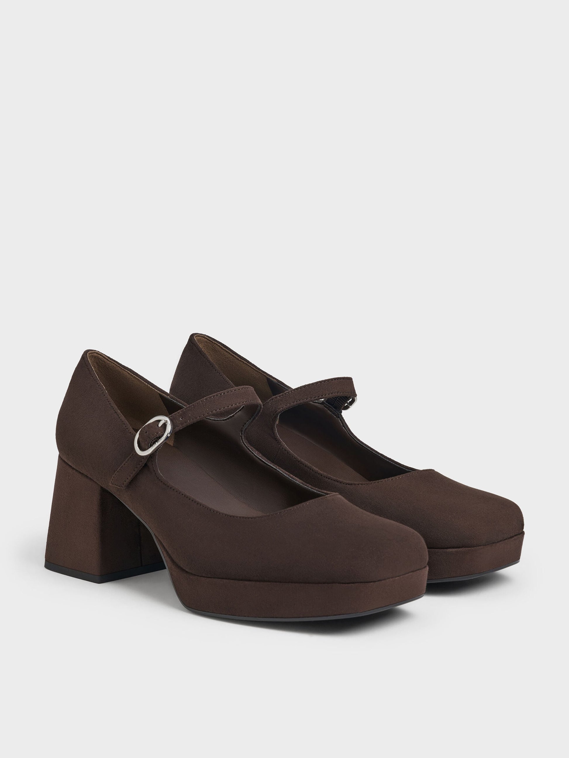 Faux Suede Platform Mary Jane Pumps - Dark Brown Textured | CHARLES & KEITH